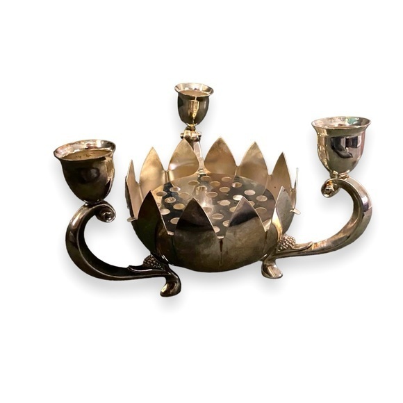 Vintage Silver Plate Lotus Flower Frog Candlabra - Picture 1 of 7